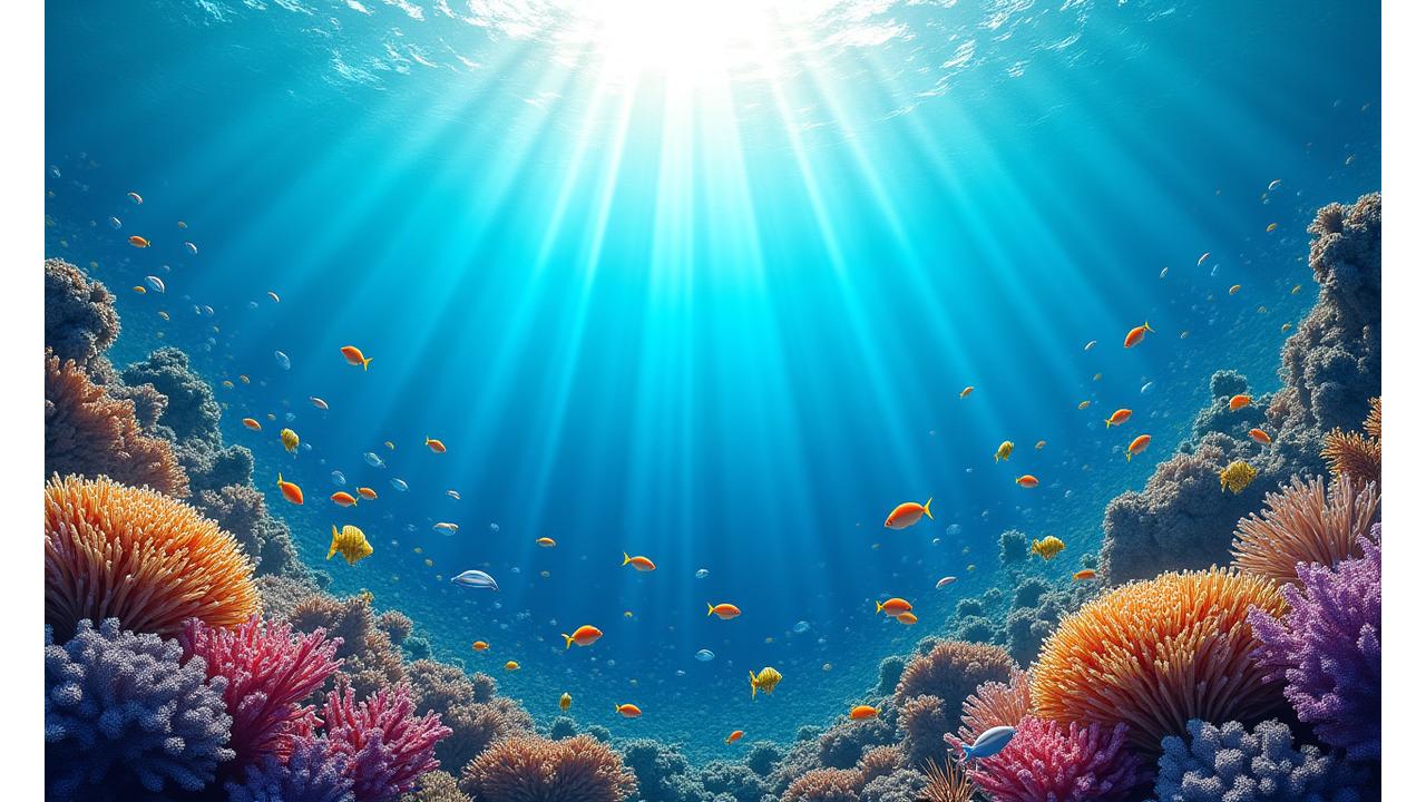 Underwater shot of healthy coral reef with schools of fish and clear blue water, symbolizing marine health
