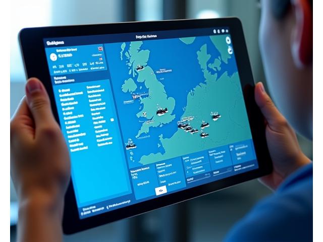 Tablet displaying a sophisticated fleet management dashboard with vessel icons on a map, data charts, and alert notifications