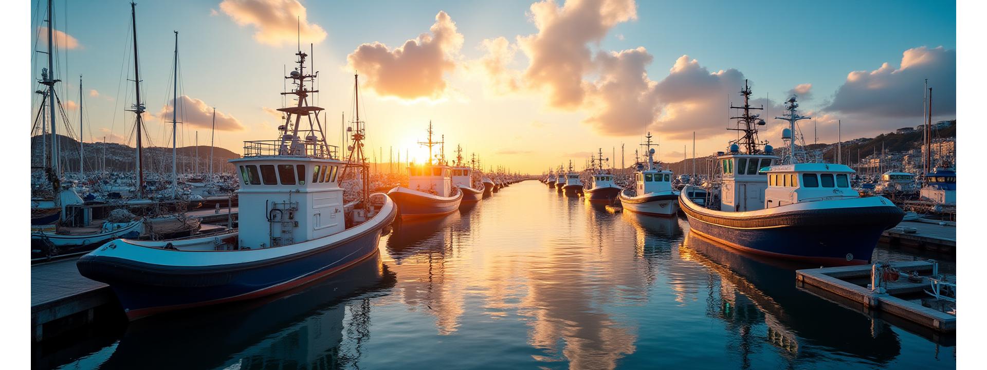 Panoramic view of Plymouth marina at sunrise, showcasing working fishing vessels and modern equipment, symbolizing UK marine services expertise.