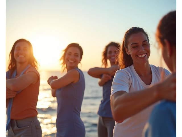 Happy, active crew members participating in a wellness activity on a ship, perhaps stretching or light exercise, with a calm sea in the background.