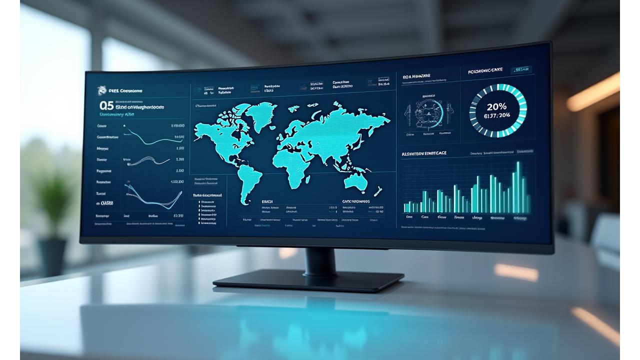 Digital dashboard displaying real-time fisheries data, vessel locations, catch statistics, and compliance indicators against a nautical blue background.