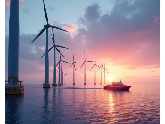 Offshore wind farm at sunset with a service vessel nearby