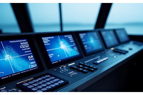 Advanced navigation electronics display on a modern ship bridge