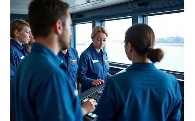 Crew members being trained on new navigation system on a ship's bridge