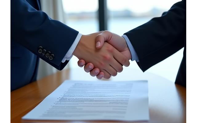 Two hands shaking over a marine service contract, symbolizing agreement and partnership