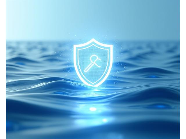 Abstract graphical representation of a digital shield protecting data, with calm ocean waves in the background, symbolising secure marine operations.