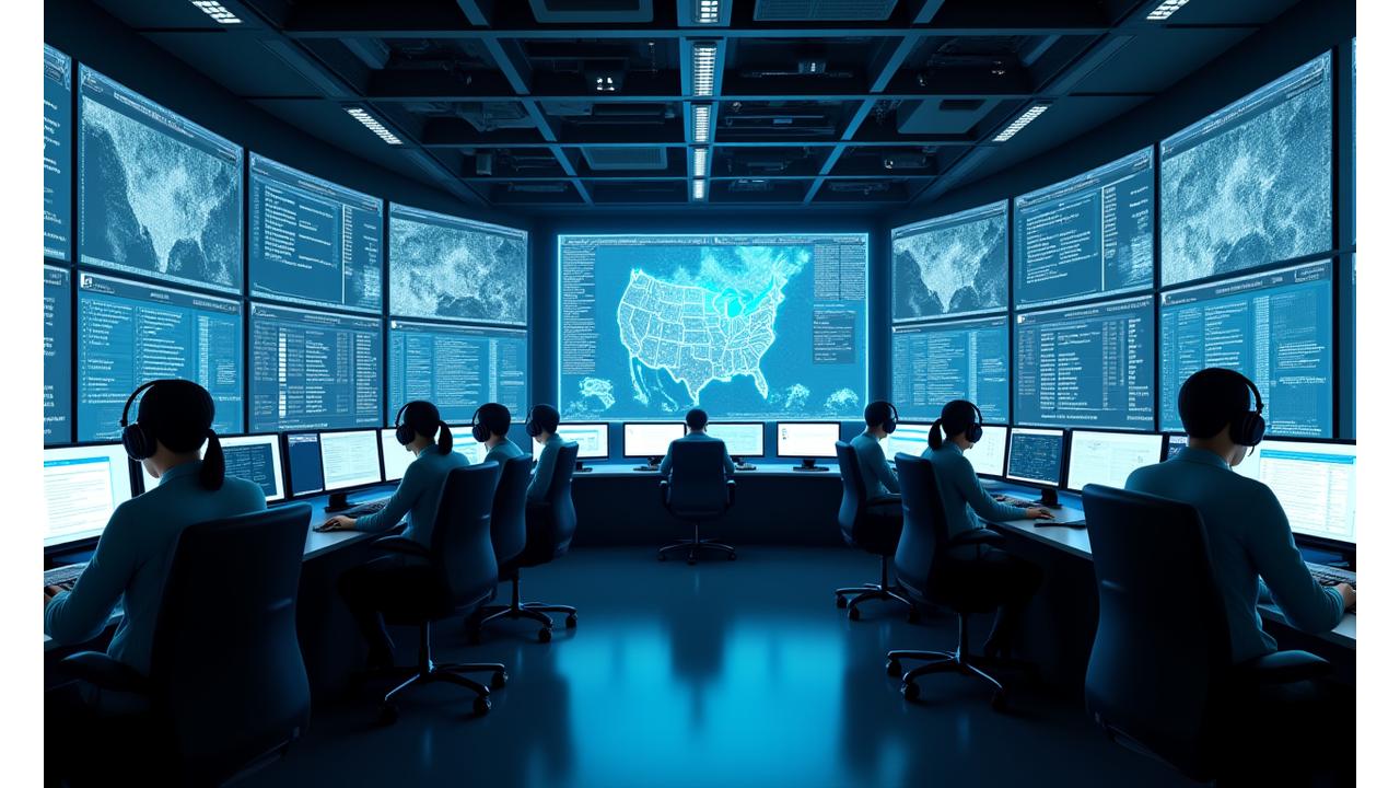 Modern dispatch center with multiple screens showing logistics data, operators wearing headsets