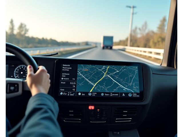Truck dashboard showing a GPS screen with telemetry data overlay
