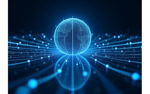 A glowing digital globe connected by a network of lines, symbolizing global intellectual property and secure online interactions